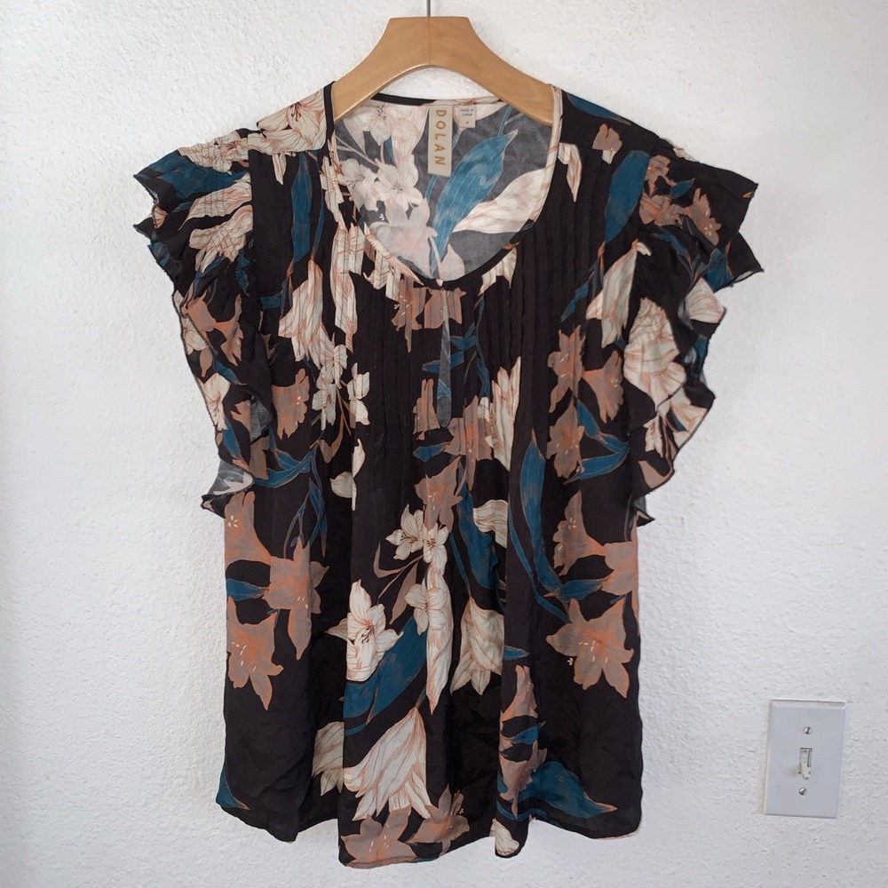 Dolan Womens 100%‎ Silk Floral Flutter Sleeve Pleated Blouse Brown Peach Size M